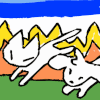 A cartoon cat and dog hop out of a program's window