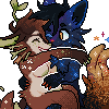 Two fursonas cuddling, one sparkly galaxy blue and one naturalistic brown