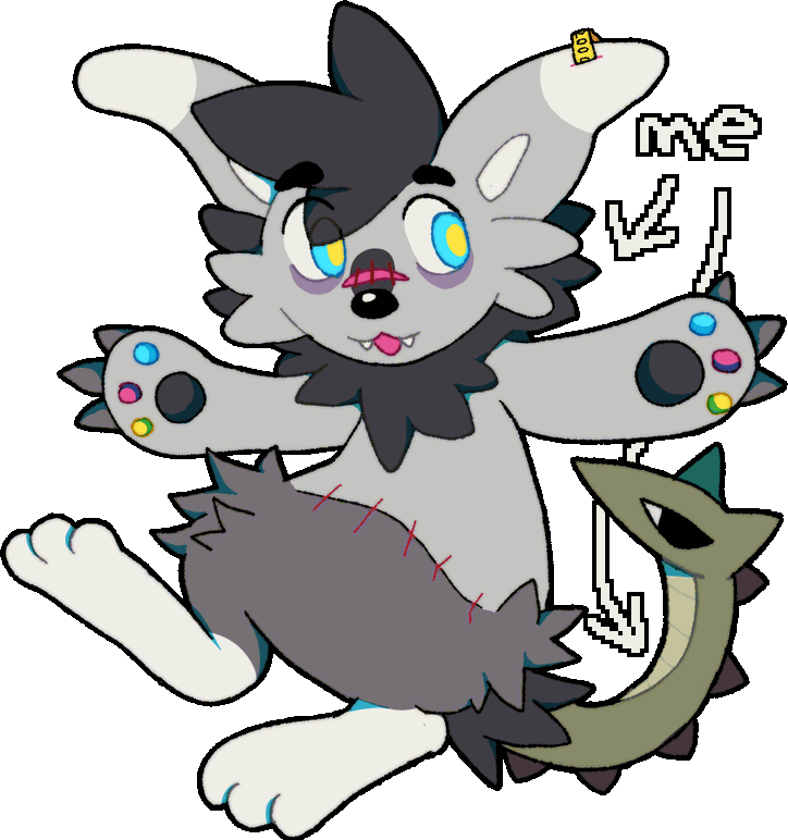Chimera's fursona with pixelated arrows pointing to it that say 'me'